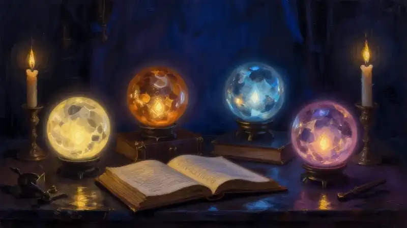 Four glowing spheres atop an old manuscript in blue light
