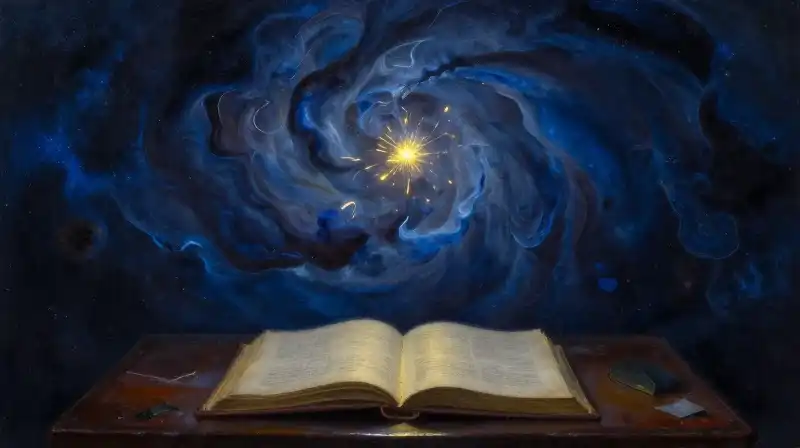 A glowing spark above an open book in deep blue tones