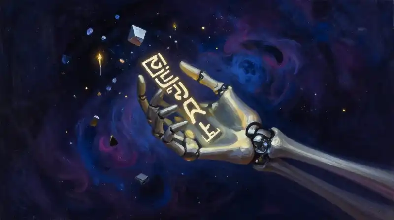 Cybernetic skeleton hand holding a glowing mystical rune