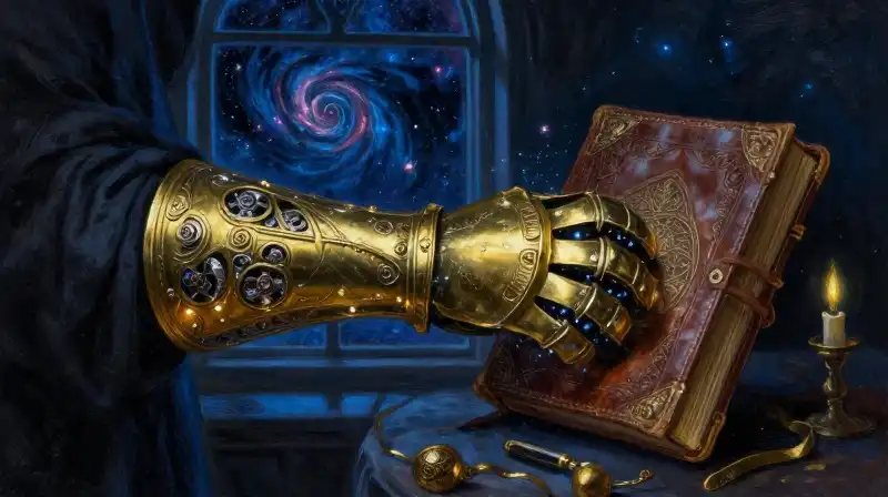 A mechanical gauntlet channeling magical energy from an ancient book