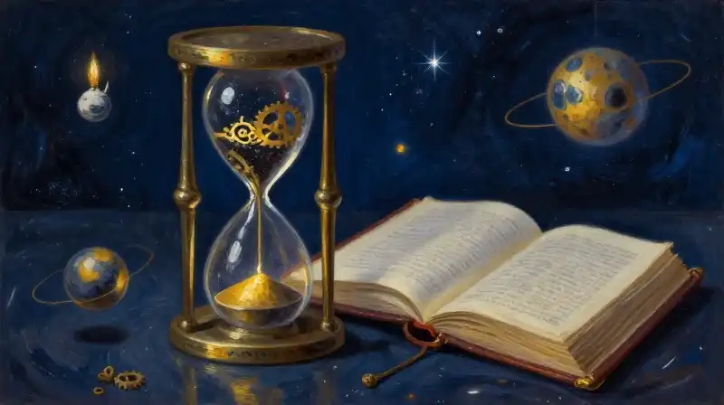 An hourglass merging celestial magic and clockwork technology in deep blue tones