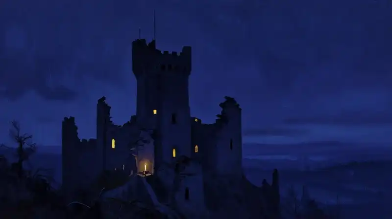 A painterly illustration of a castle silhouette in misty blue mountains