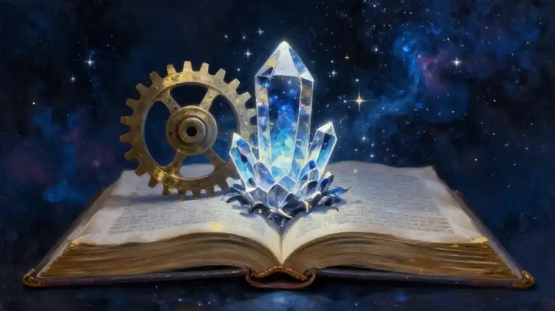 An open book blending mechanical gears and magical crystals in indigo light