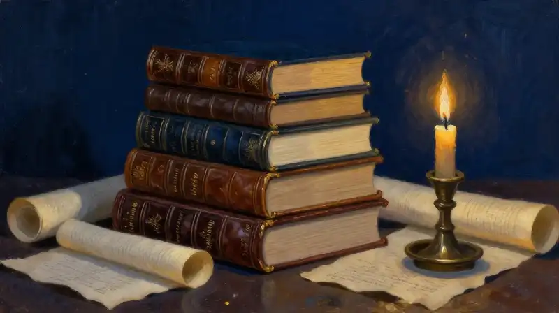 Stack of old books and parchment in moody blue light