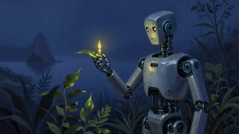 A lonely robot exploring a wild misty island in deep blue tones