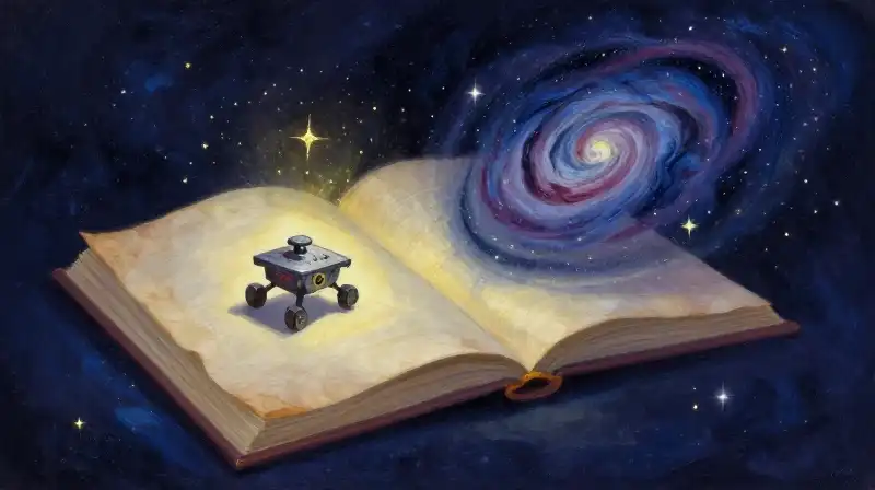 An open book showing a mechanical rover amidst a starry blue nebula