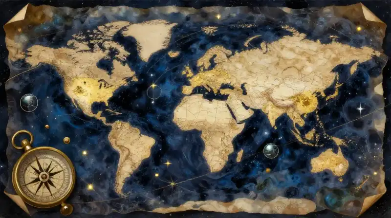An antique celestial map and brass compass in indigo light
