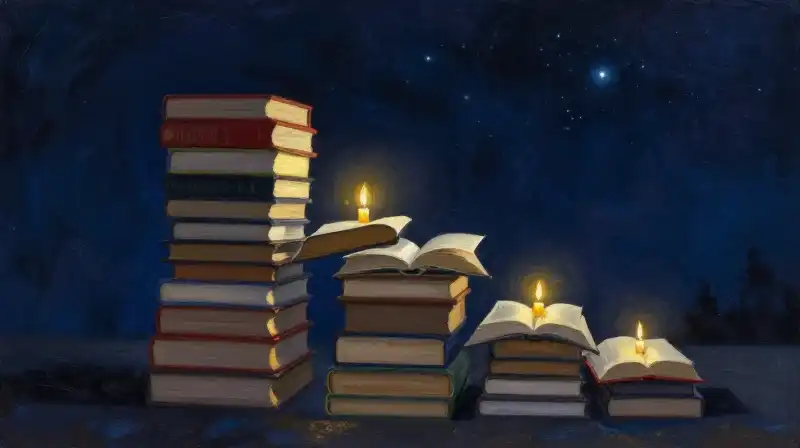 A stack of books forming a path toward a starry sky