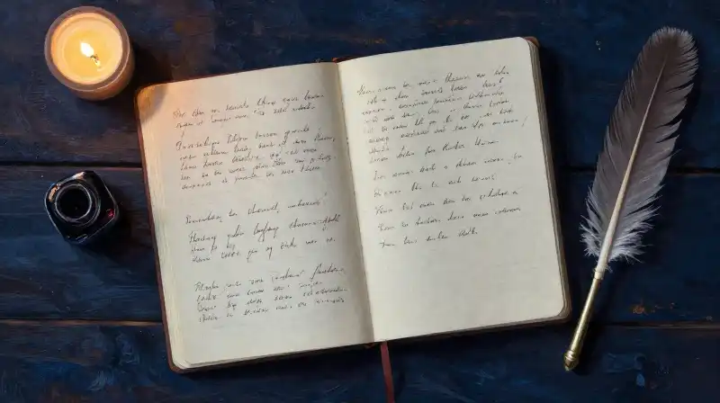An open journal and quill in moody blue light