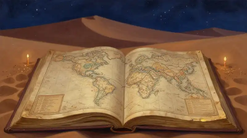 An open ancient book showing desert maps in moody indigo tones