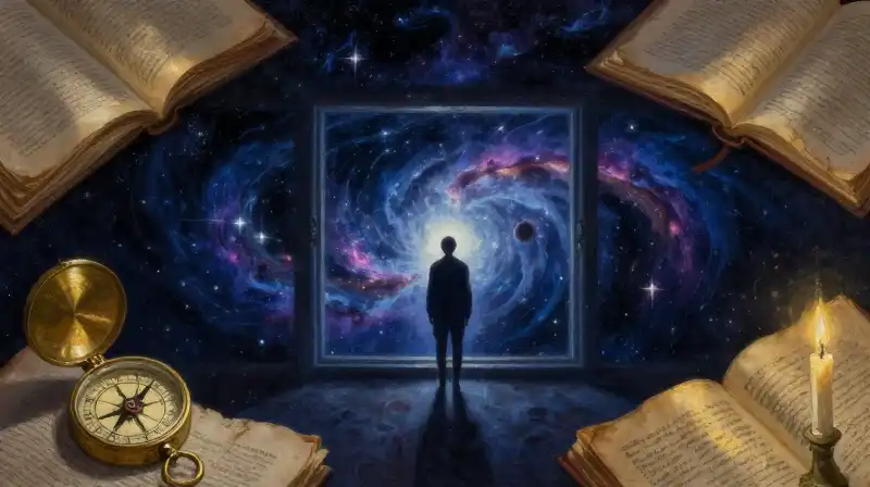 A silhouette facing a cosmic expanse near old manuscripts