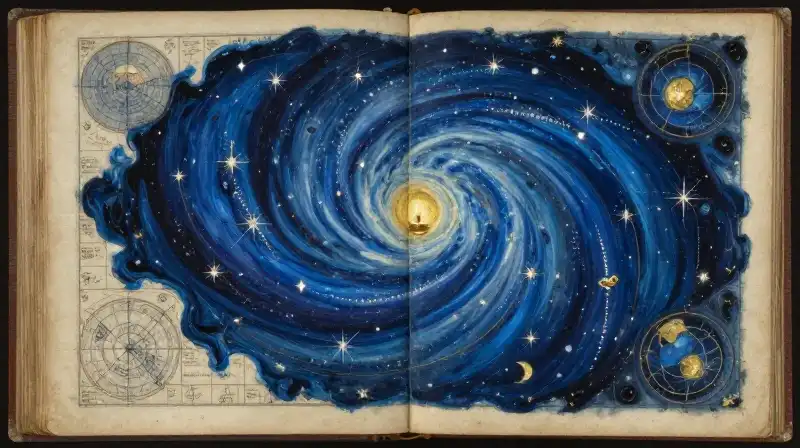 An open manuscript showing celestial maps in deep indigo tones