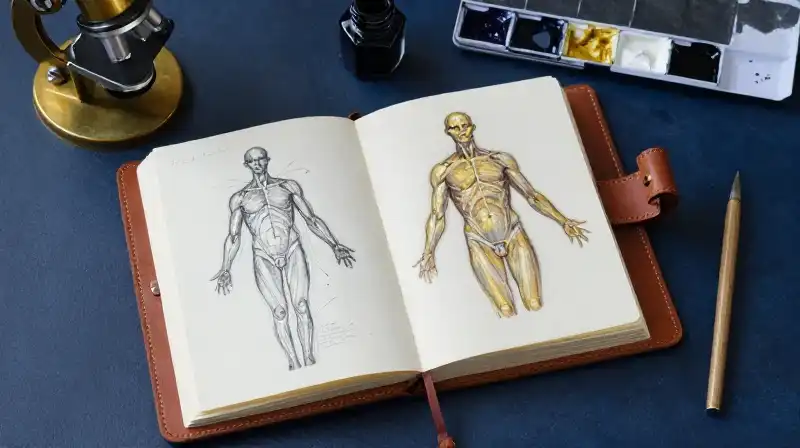 Scientific sketches and a microscope in a moody blue atmosphere