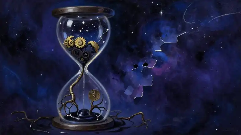 An hourglass leaking starlight amidst mechanical and organic forms