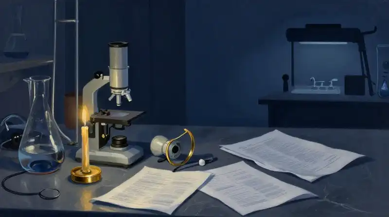 Literary illustration of scientific research papers and broken lab tools