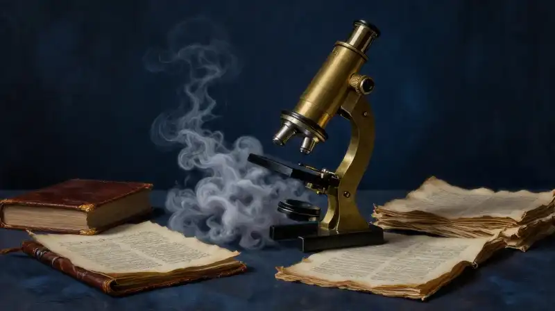 Split scene of scientific instruments and abstract ink swirls in deep blue