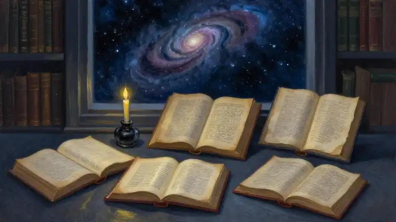 An atmospheric still life of books in a dark blue library