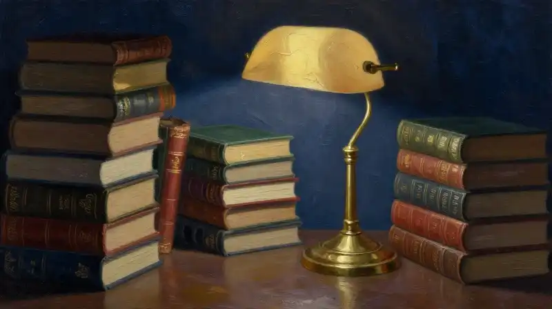 Stacks of old books in a dark blue library setting