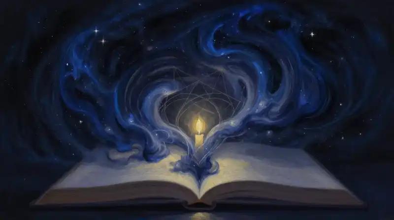 Ethereal cosmic geometry dissolving from an old book in indigo tones