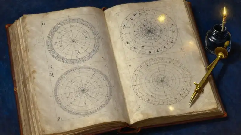 Antique manuscript with celestial diagrams in moody blue tones