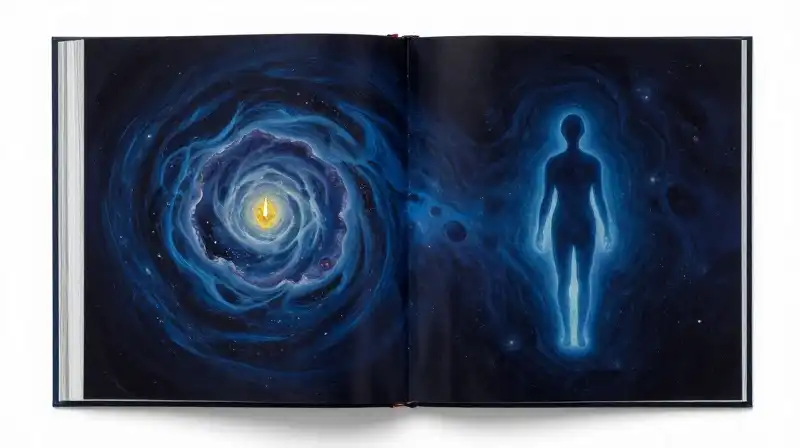 An open book showing cosmic escapism and human contemplation