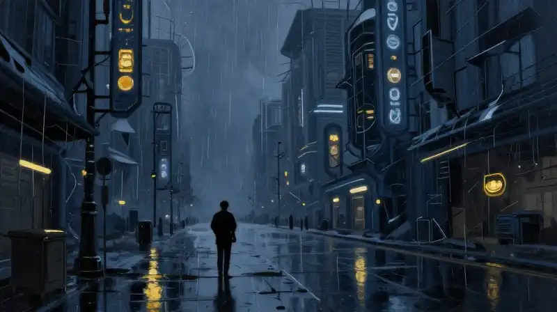 Atmospheric noir cyberpunk city street in deep blue tones