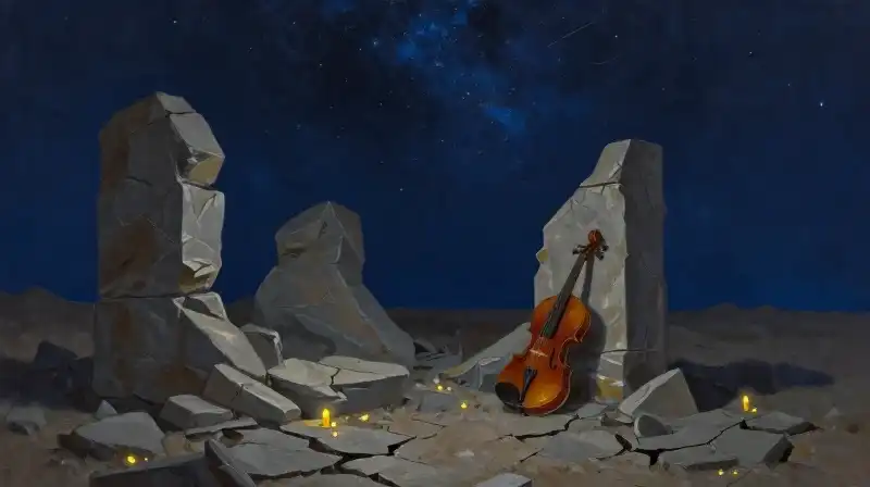 Post-apocalyptic ruins under a starlit indigo sky