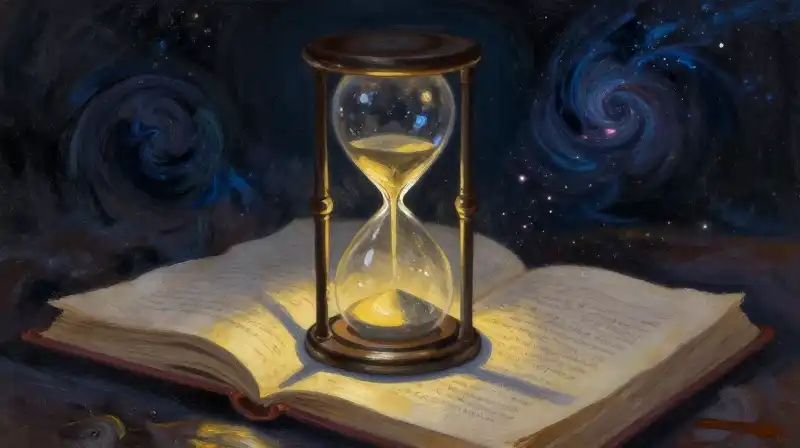 An open book with cosmic stardust flowing from an hourglass