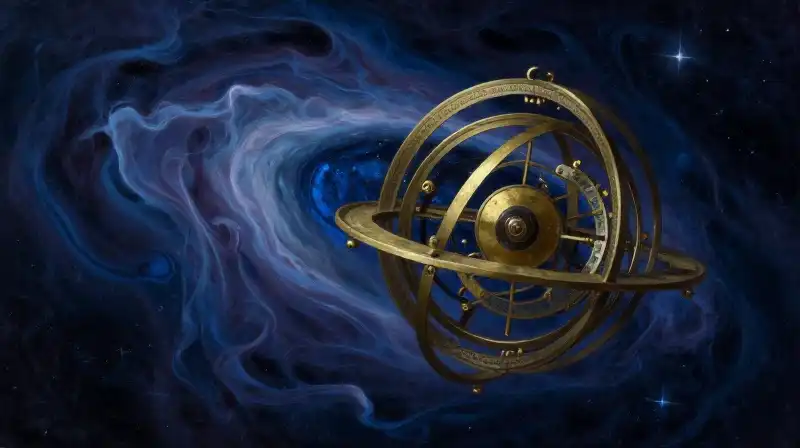 Celestial clockwork and ethereal nebula in deep blue tones
