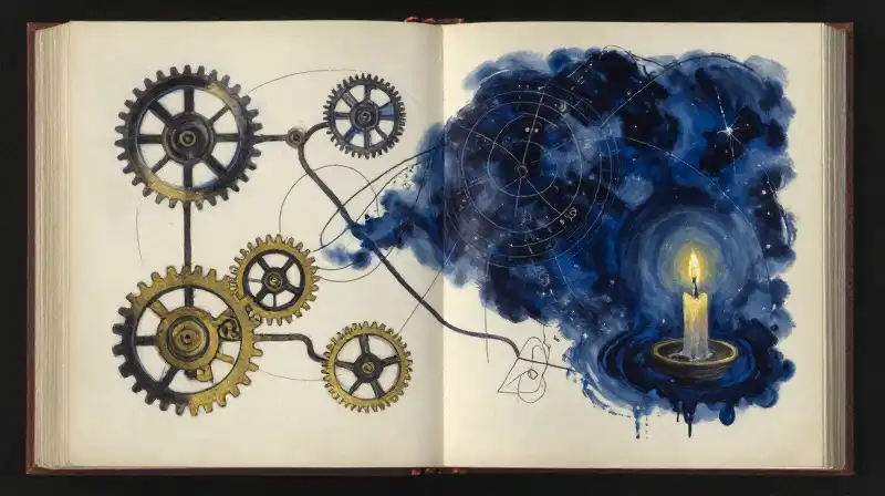 An open manuscript with branching maps and golden candlelight accents