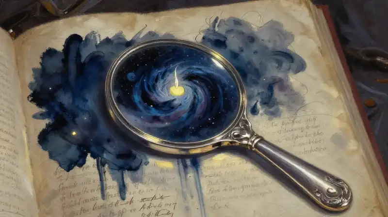 A silver mirror reflecting a nebula over an open book
