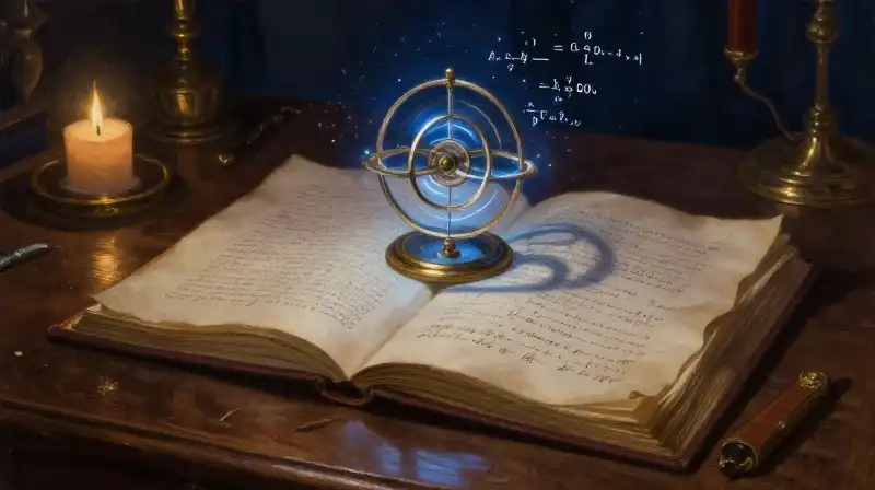 An open book and celestial orrery in deep indigo tones