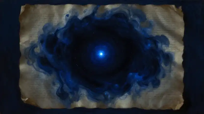 A glowing spark illuminating an old manuscript in deep blue tones