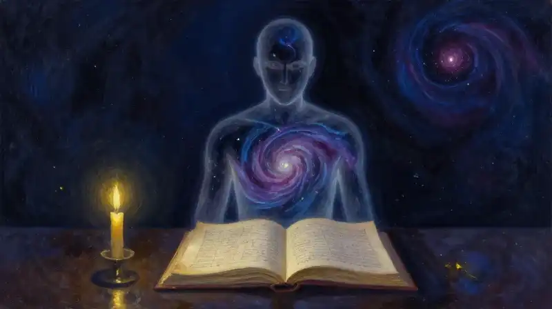A translucent human silhouette amidst a cosmic nebula and an open book