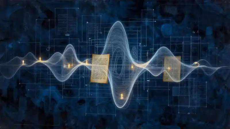 Ethereal sound waves flowing through old manuscripts in deep blue tones