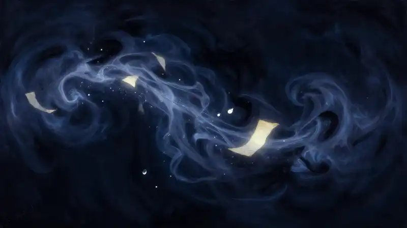 Ethereal blue ink swirls and glowing parchment in deep indigo