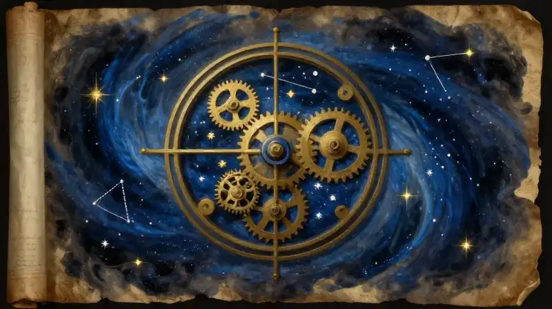 Celestial clockwork and stars over an ancient manuscript