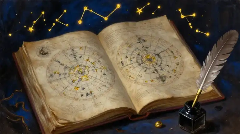 An open manuscript with golden star maps in deep blue tones