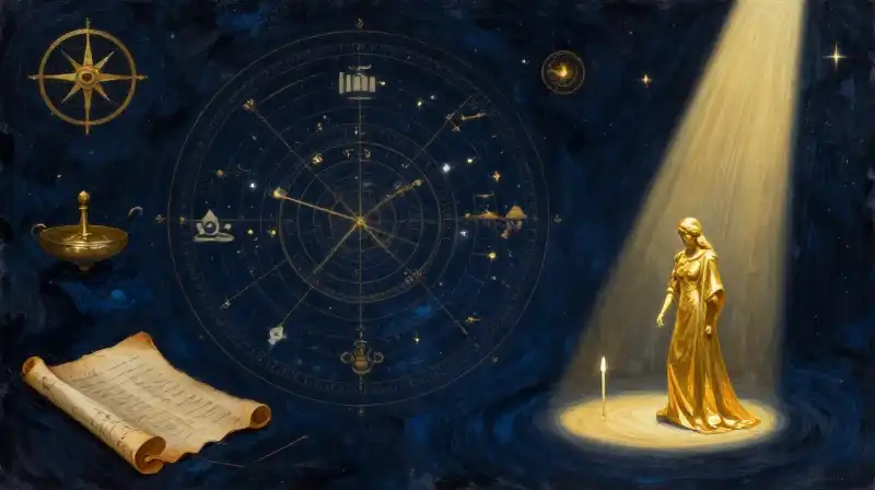 Ancient celestial maps transitioning into a golden spotlight on a silhouette