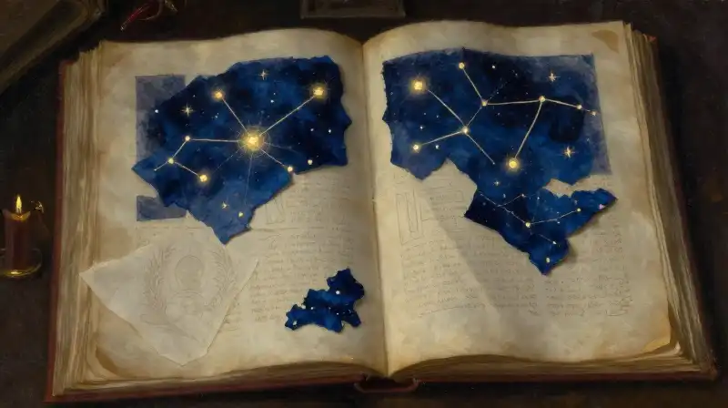 Ancient manuscript with celestial star patterns in a dark blue study