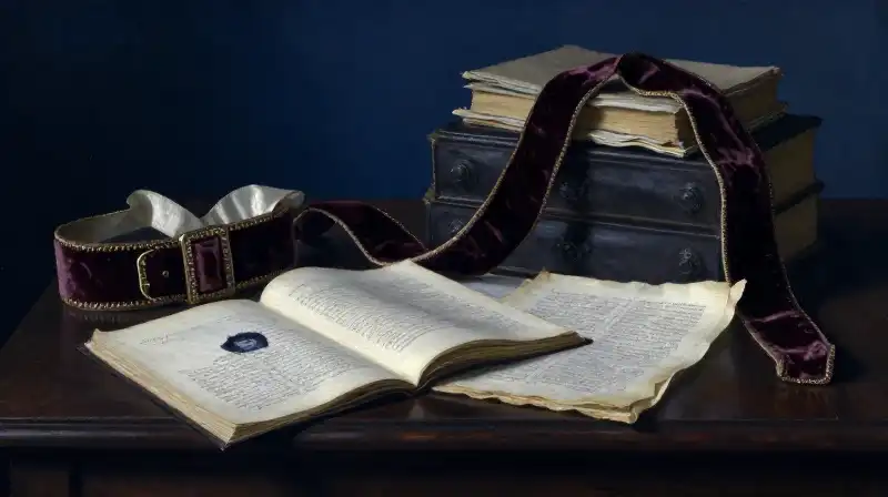 Ornate silk ribbons and manuscripts in a dark blue study
