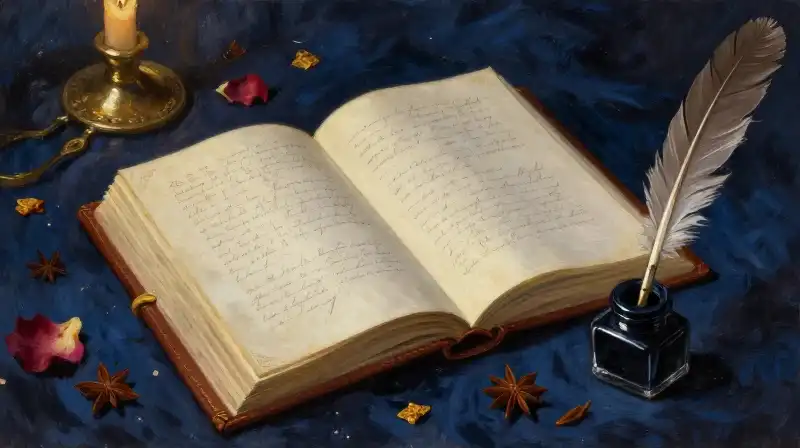 An open antique book with spices and candlelight in blue tones