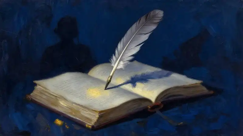 An ink quill on a manuscript in moody blue lighting