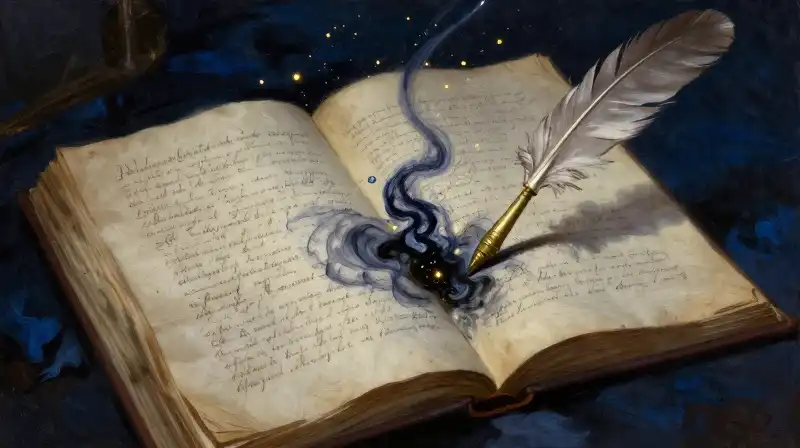 An open manuscript with golden sparks rising in indigo light
