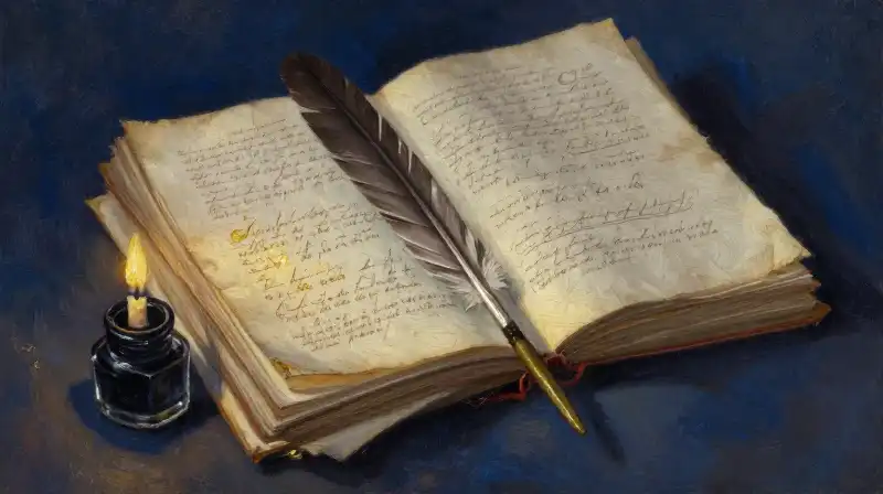 Stack of vintage serialized novel installments and a quill