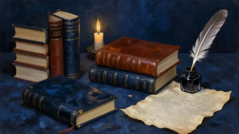 A collection of classic novels with a quill and candlelight