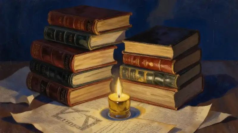 Stacked vintage books and parchment in moody indigo lighting