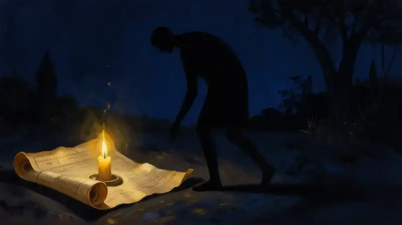 Silhouette of an ancient Greek scribe in moody blue lighting
