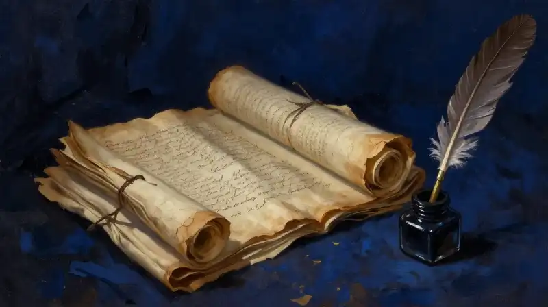 Stacked ancient manuscripts and scrolls in deep indigo light