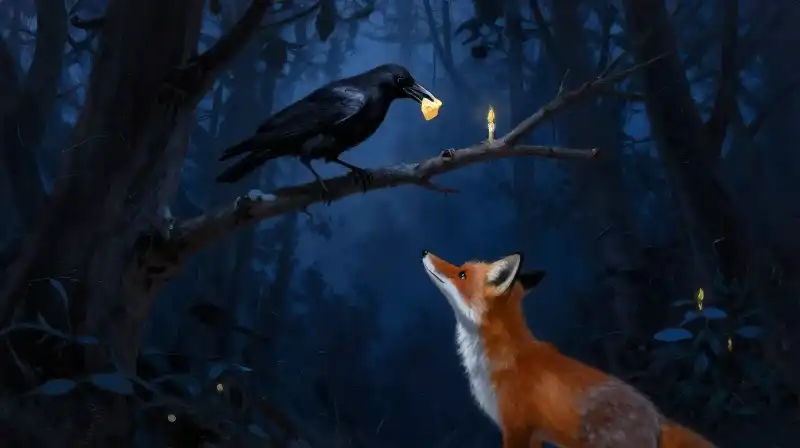 Literary illustration of a fox and crow in a dark blue forest